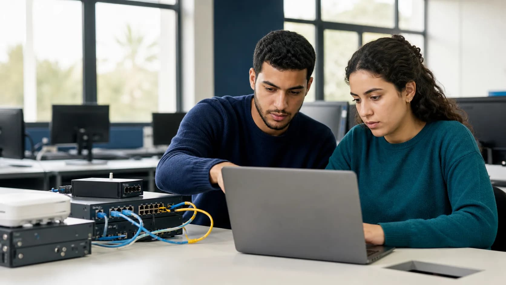 Illustration d’étudiants travaillant sur des systèmes informatiques et un réseau
