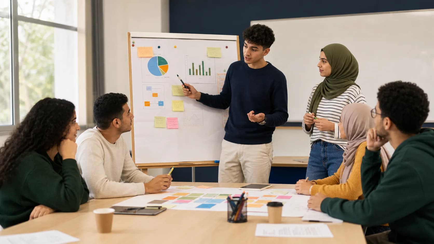 Illustration d’étudiants présentant un projet de management et de gestion