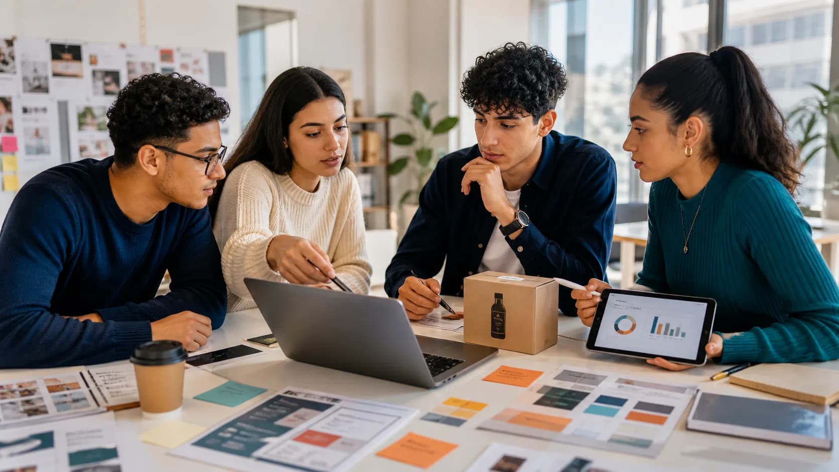 Illustration d’étudiants préparant une stratégie de marketing et commerce numérique