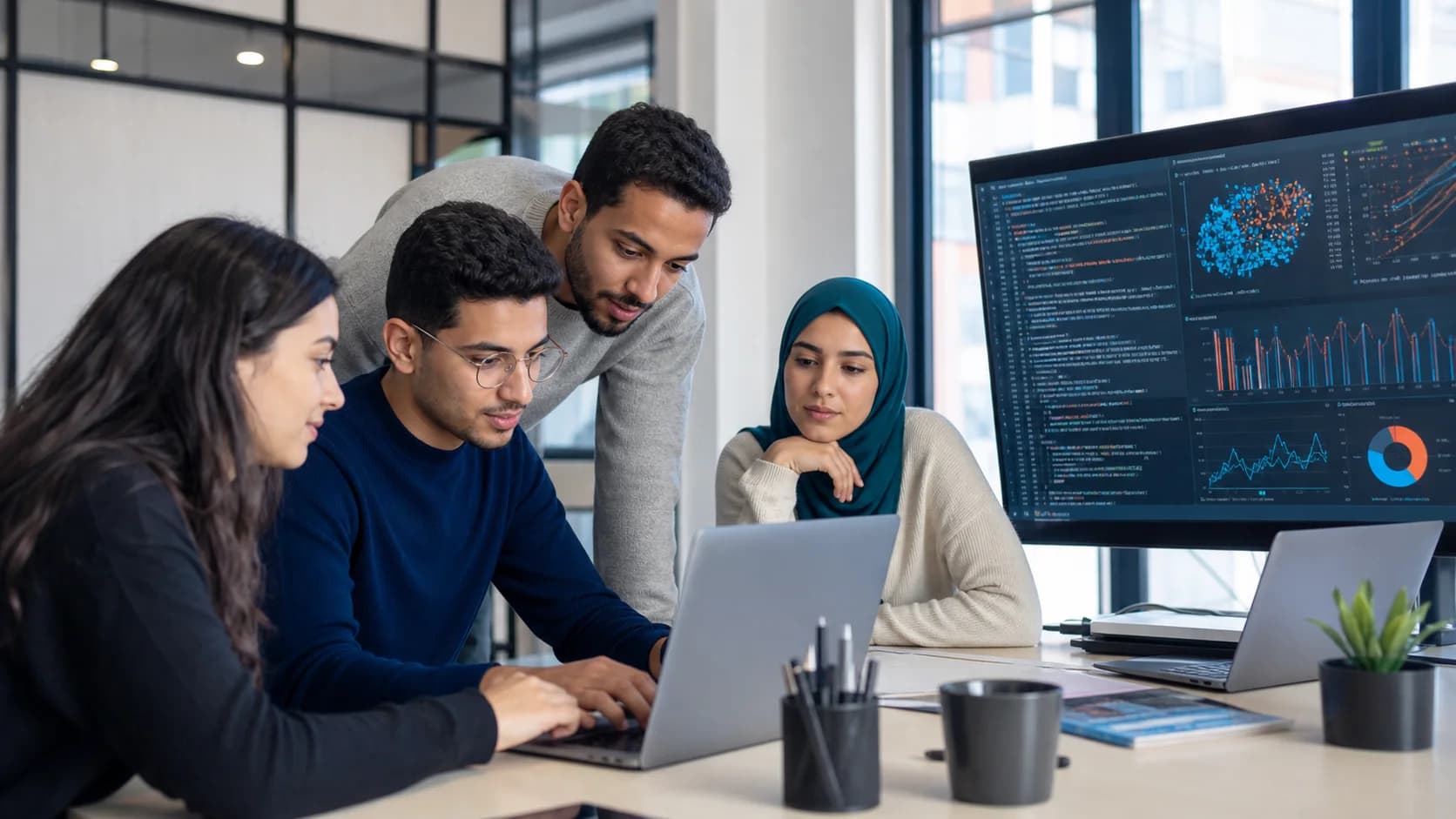 Illustration de quatre étudiants travaillant sur un projet de programmation et d’analyse de données
