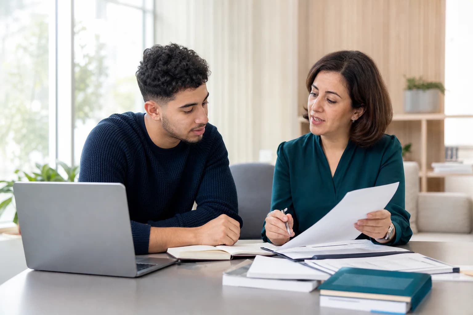 Illustration d’un étudiant échangeant avec une conseillère autour d’un dossier de formation