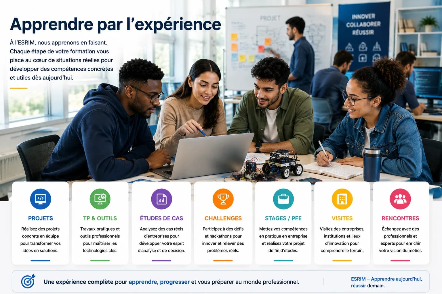 Groupe d’étudiants collaborant autour d’un projet et d’outils de travail