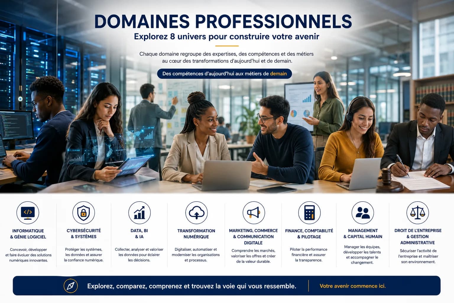 Étudiants et professionnels illustrant différents domaines de compétences et métiers
