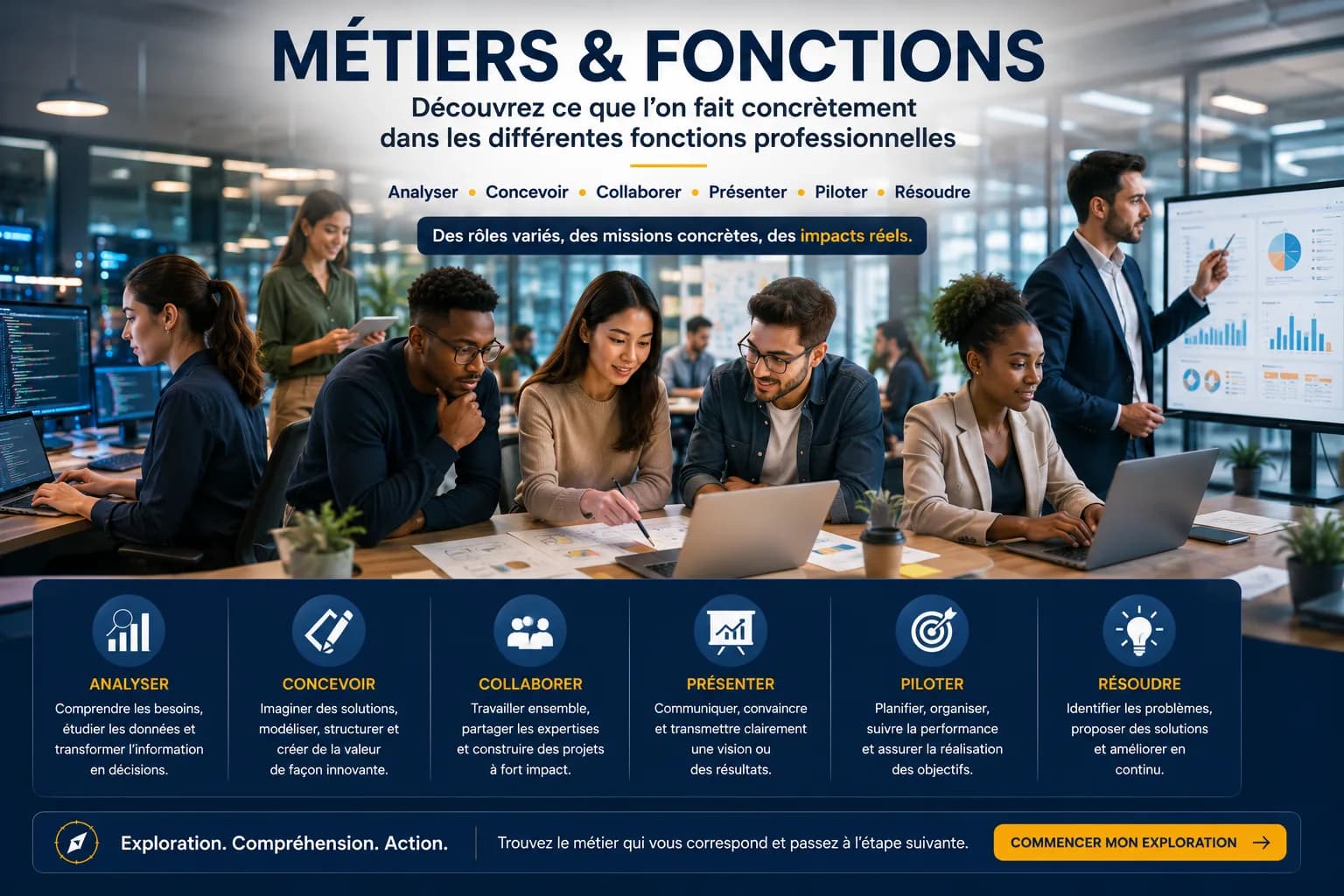Professionnels illustrant des fonctions d’analyse, de conception, de collaboration et de pilotage